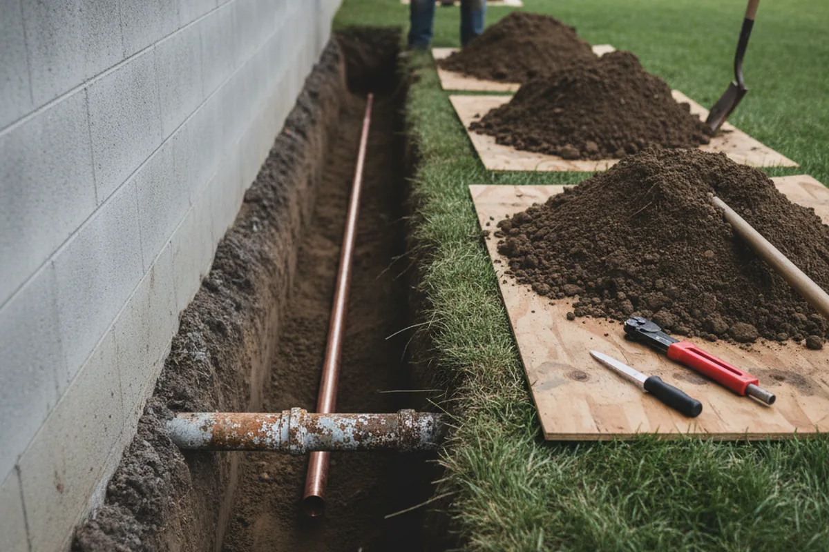 Excavated water line trench during Water Softener Installation in Wake Forest
